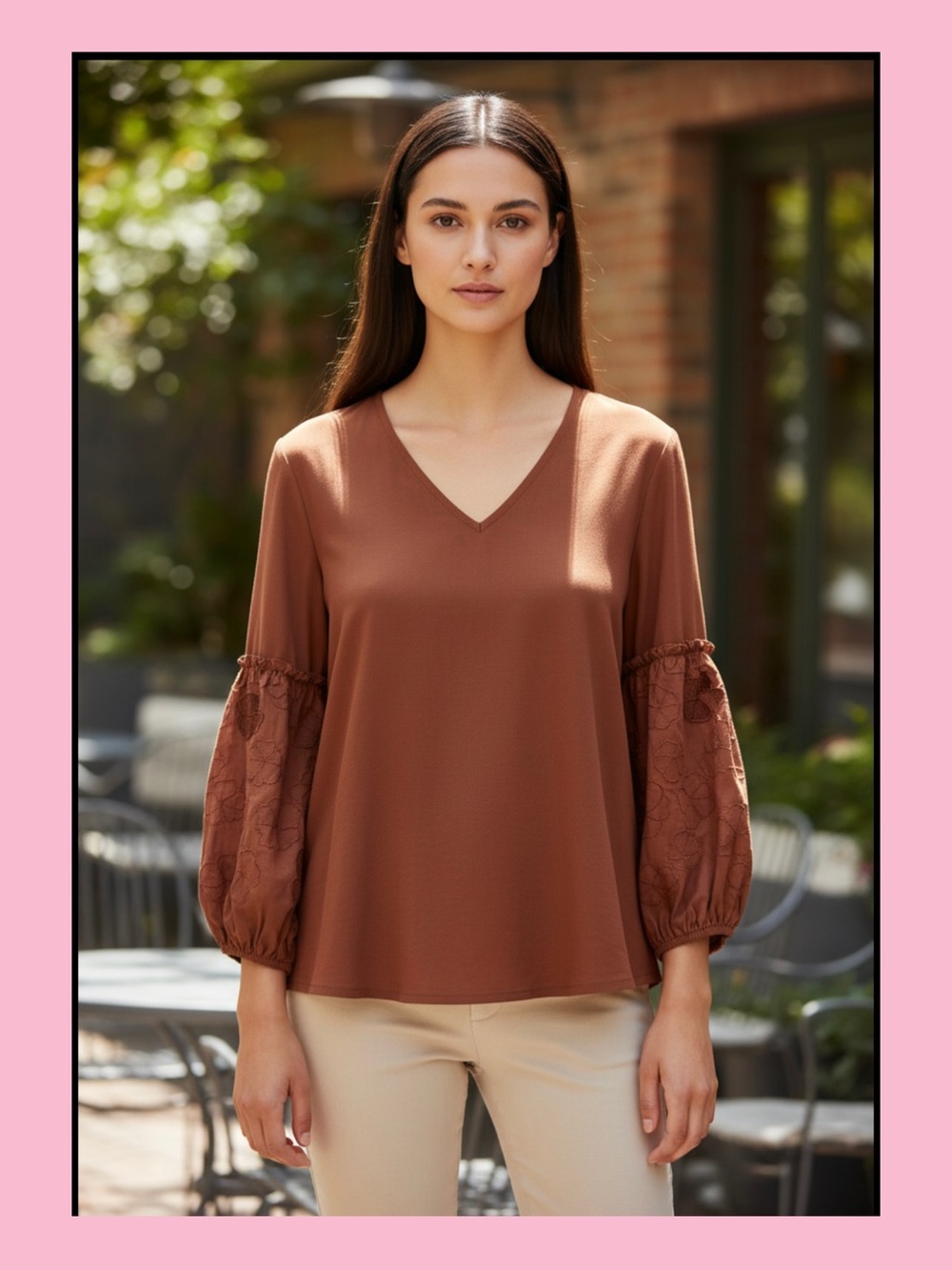 Chico's Rust Brown V-Neck Balloon Sleeve Blouse